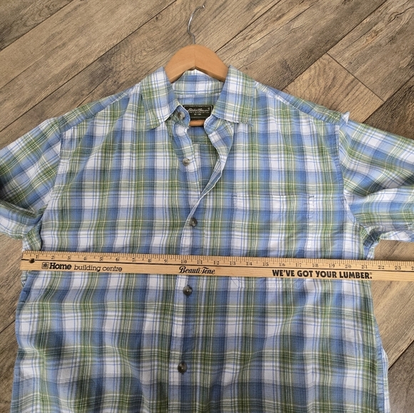 Eddie Bauer Men's Medium Blue and Green Plaid Button Up Shirt 100% Cotton - Picture 6 of 9